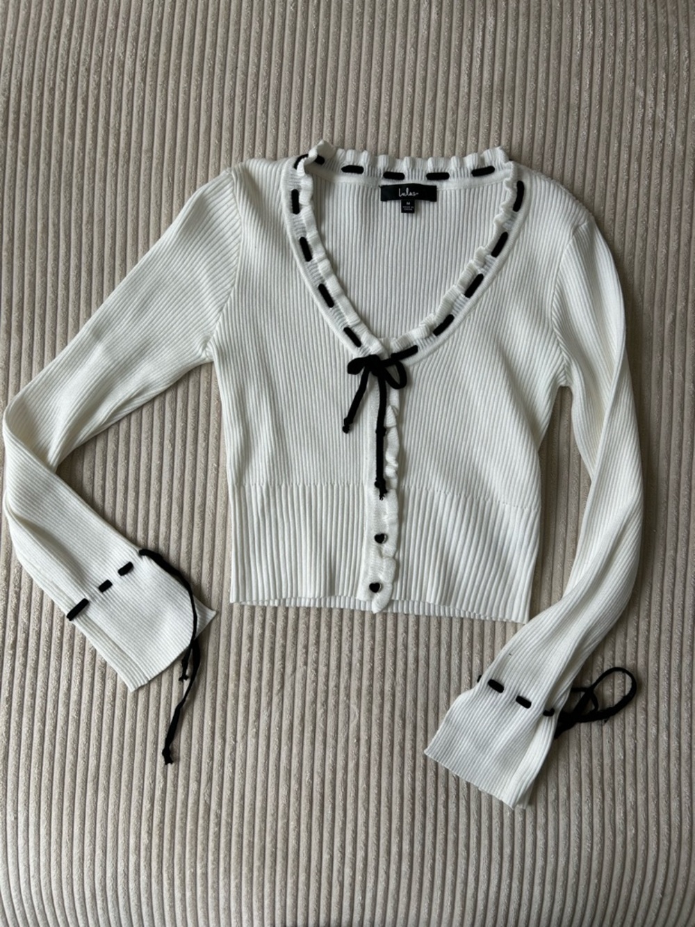 Lulu's White Ribbed V-Neck Cardigan with Black Trim